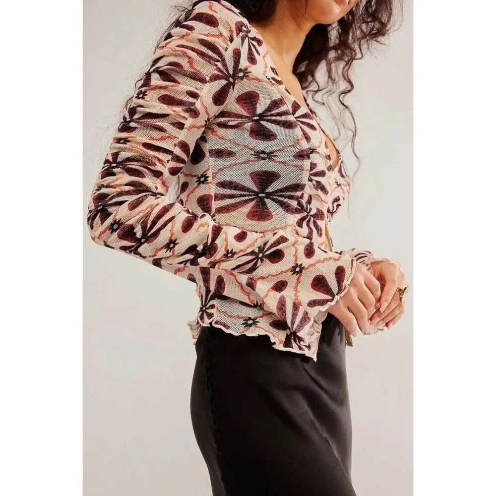 Free People Through The Meadow Blouse Top Ruched Floral Printed Cotton L 288427